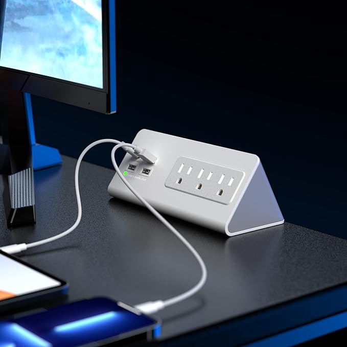 Nightstand Edge Mount Power Strip with USB-C Ports Tabletop Surge Protector Desk Clamp Power Sockets with 3 AC Outlets &4 Fast Charging USB Ports for Home Office Hotel and Dormitory