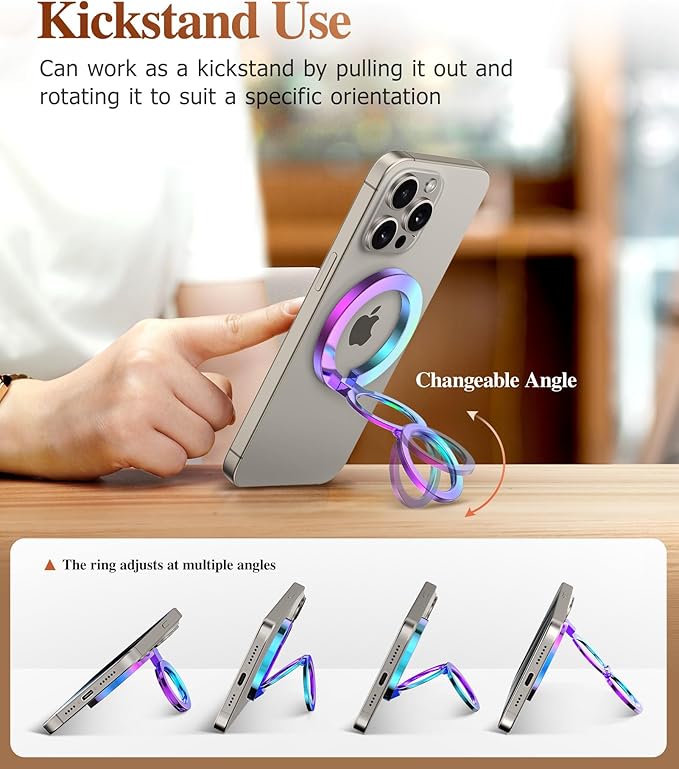 GVIEWIN Magnetic Phone Ring Holder, Compatible with MagSafe Phone Grip with Adjustable Stand, Magnet Phone Ring Kickstand for iPhone 16 Pro Max/Plus/15/14/13/12 Series/Other Phones (Colorful)