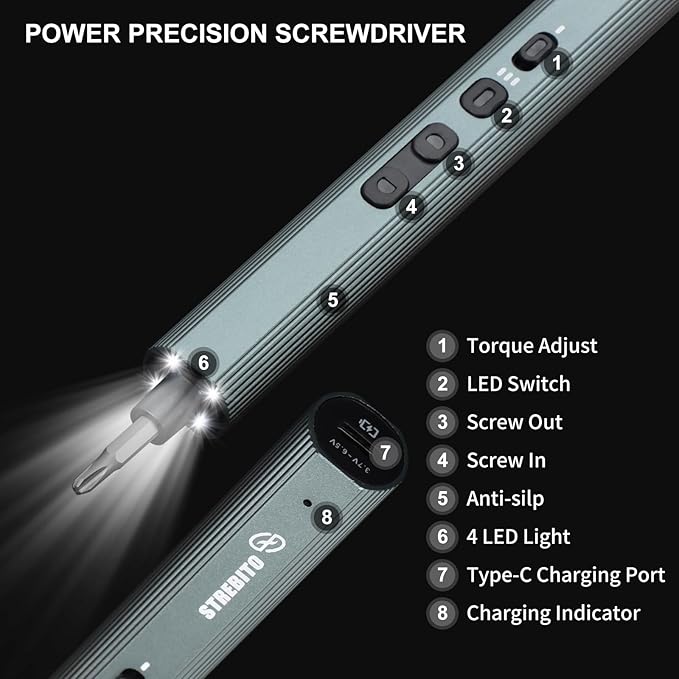 STREBITO Mini Electric Screwdriver Set 155 in 1 Small Powered Screwdriver Cordless, 140 S2 Magnetic Bits, 3 Torque Settings, 650mAh Battery, electronics tool kit for Computer, Laptop, RC, PC, Xbox