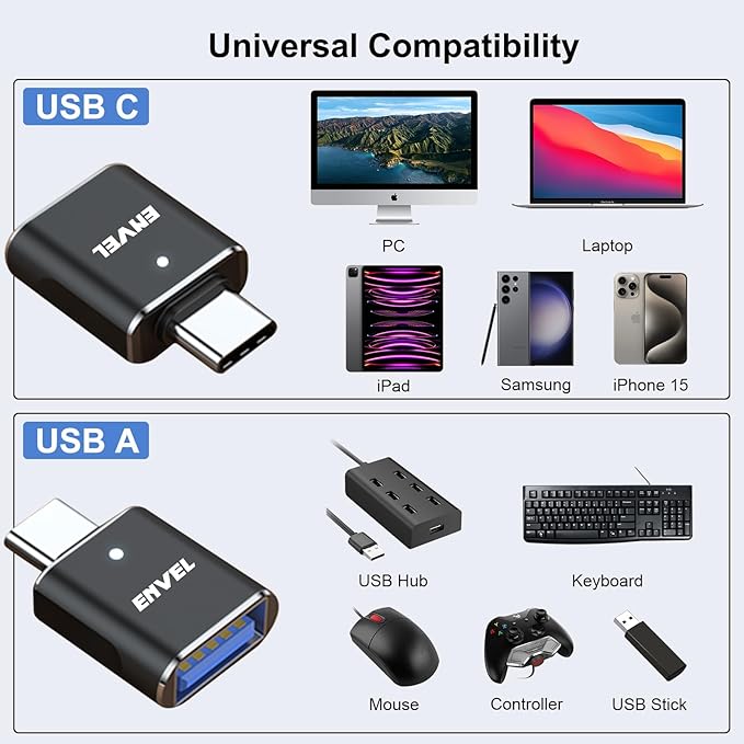 ENVEL USB to USB C Adapter, USB3 5Gbps High Speed Data Transfer, OTG Converter Thunderbolt3 to USB Female Compatible with Apple iWatch iPhone 15 Pro Max iPad Air 4 5 Mini 6 (Black, USB A/C Male)