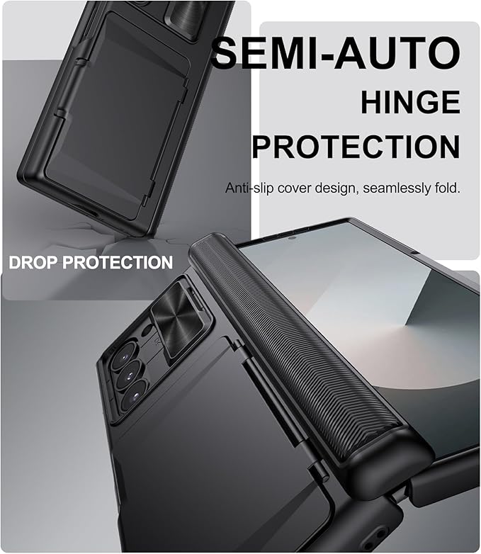 for Samsung Galaxy Z Fold 6 Case with Card Holder & Slide Camera Cover, Built-in Screen Protector & Hinge Protection, Shockproof Durable Wallet Phone Cover Case for Galaxy Z Fold 6 2024, Black