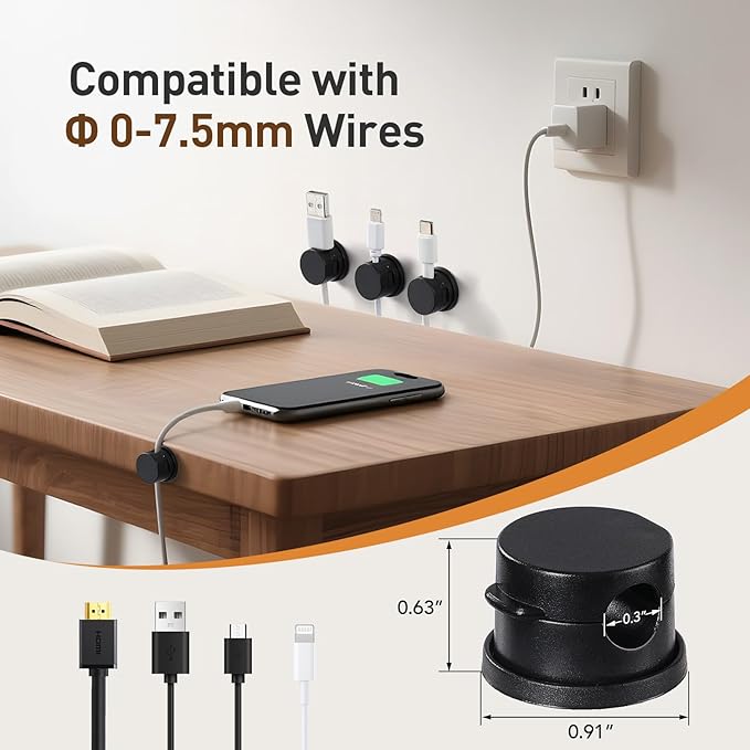 AGPTEK 8 Pack Magnetic Cable Clips, Upgraded 360° Rotatable Cord Holder Clips for Nightstand, Desk Cord Organizer Adhesive Wire Management Home Office Phone Charging Cords USB Cable Keeper (Black)
