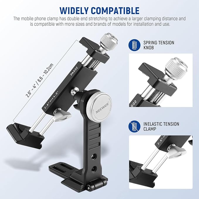 NEEWER Smartphone Tripod Mount Aluminum Alloy, 360° Rotatable Phone Stand Holder Clamp with Cold Shoe and Arca Base Compatible with iPhone 15 Pro Max Galaxy S24 Ultra Pixel & 2.6"-4" Wide Smartphones