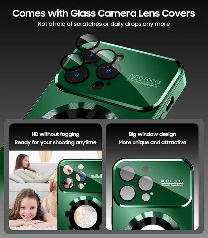 Magnetic for iPhone 16 Pro Case, Compatible with MagSafe, Built-in Camera Lens Protector, Logo View, Military Grade Drop Proof Phone Cover, Green
