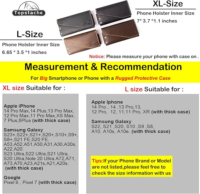 Topstache Leather Phone Holster with Belt Clip,S22 Ultra Belt Holder,iPhone 14 Pro Max Case for Belt,Leather Belt Pouch for Universal Smartphone with Protective Case,Flip Cellphone Pouch,XL,Black