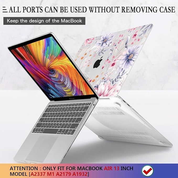 CISSOOK Flower Case for MacBook Air 13 Inch A2337 M1 A2179 A1932 Model 2021-2018 Released, Plastic Floral Cover with Keyboard Cover Protector for MacBook Air 13 with Touch ID，Flowers Watercolor