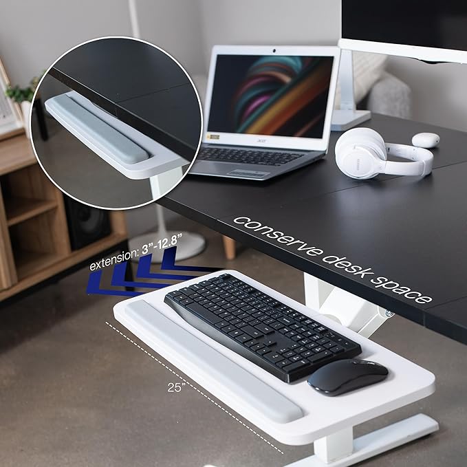 VIVO Adjustable 25 x 10 inch Computer Keyboard and Mouse Platform Tray Ergonomic Under Table Desk Mount Drawer Underdesk Shelf, White, MOUNT-KB03W
