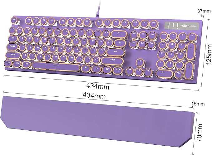 MageGee Typewriter Mechanical Gaming Keyboard, Retro Punk Purple Round Keycaps, 104 Keys LED White Backlit Wired Keyboards for Laptop MAC PC Gamer, with Magnetic Wrist Rest, Blue Switch