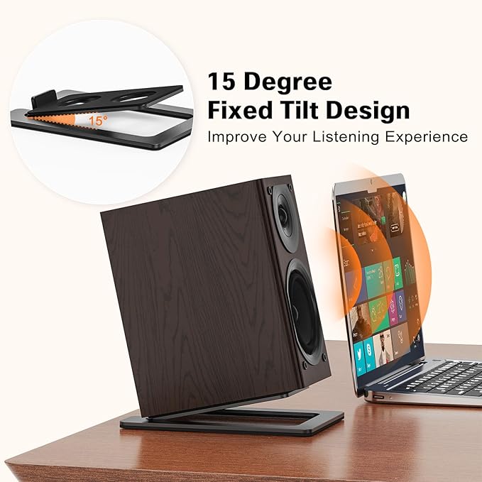 Metal Desktop Speaker Stands Pair, 15° Tilted Steel Tabletop Bookshelf Speaker Wedge with Damping Foam Pads for Small Medium Speakers, Suitable for PC, Gaming, and Studio