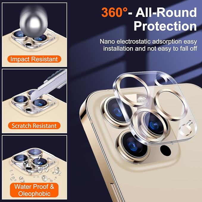 UniqueMe [3 Pack] Camera Lens Protector Compatible with iPhone 13 Pro 6.1" / 13 Pro Max 6.7" Tempered Glass,[Case Friendly][New version][Scratch-Resistant][Easy Installation] -Gold