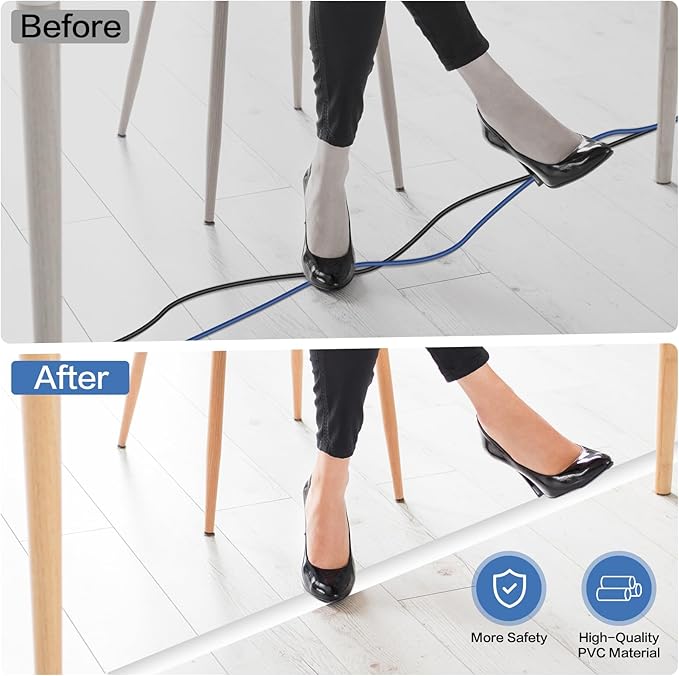 Floor Cord Cover Self Adhesive Cord Hider Floor Extension Cord Covers for Floor Power Cord Protector Cable Management Prevent Cable Trips Cable Cavity 0.51" W x 0.31" H (White, 3.3Ft)