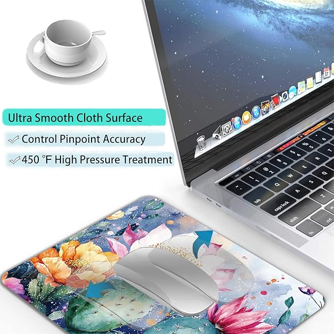 Cute Cactus Flower Plants Custom Mouse Pad with Non-Slip Rubber, Small Square Design for Wireless Laptop & Computer Mouse Pads for Desk, 9.5 x 7.9 inch Smooth Surface for Gaming & Office