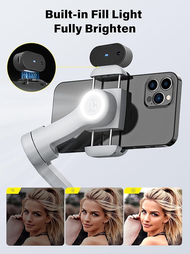 Gimbal Stabilizer for Smartphone AI Tracking(No App), 3-axis Gimbal with OLED Display/Built-in Light, Stabilizer for iPhone&Android, AOCHUAN X Pro Grey AI Version