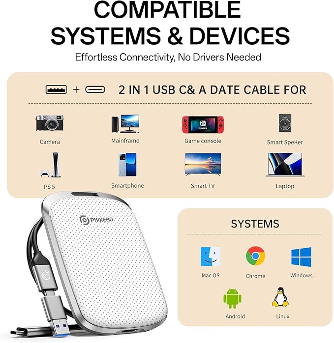PHIXERO P5PLUS Portable SSD 2TB Up to 550MB/s, USB 3.2 Gen 2 External Solid State Drive，USB C to C&A for Smartphone，Tablet，PC，Labtop (White)