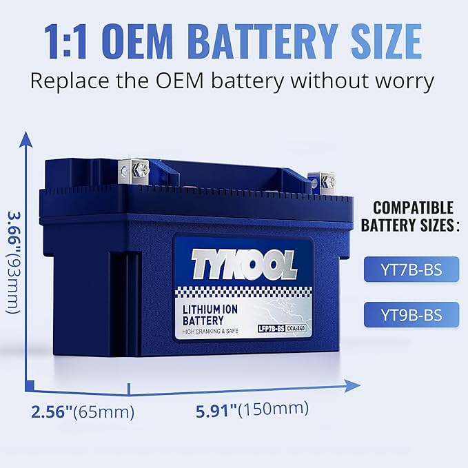 TYKOOL YT7B-BS, 240 CCA, 3X Cranking Amps,5X Life, High Performance Lithium LiFePO4 Motorcycle Battery,12V 4Ah,Fits for ATV,Fits for Ducati 1198cc,BRP (CAN-AM) 450cc ATV,Yamaha 125cc,150cc Scooter