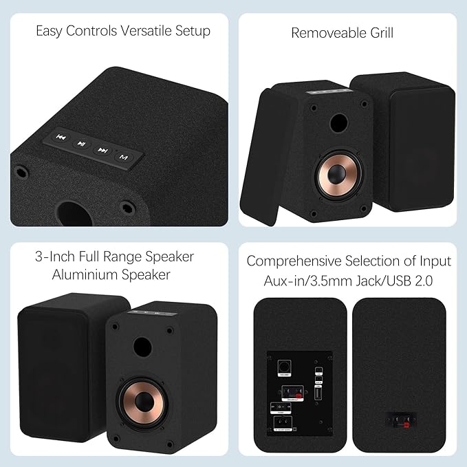 LONPOO Blueooth Computer Speakers for Desktop PC and Laptop, Plug-N-Play, 30W RMS Active Bookshelf Speaker with 3-Inch Full Range Speaker,Support USB Playback,Aux-in and 3.5mm Earphone Port