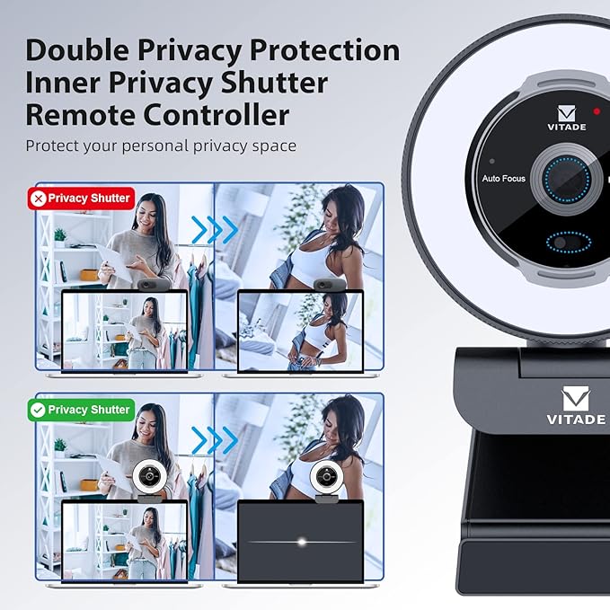 Zoomable Webcam with Remote Control, 1080P 60FPS Streaming with Ring Light and Microphone, Pro USB Webcam with 5X Digital Zoom and Privacy Cover for Zoom/Skype/Teams/PC/Laptop/Mac