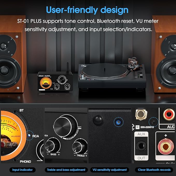 Douk Audio 2 Channel TPA3255 Bluetooth Amplifier 300W x2, Turntable Phono Amp with VU Meter, Treble Bass Control for MM Record Players, Home Theater Speakers (ST-01 Plus)