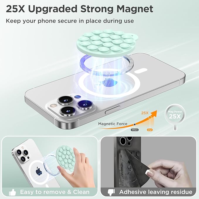 Magnetic Suction Cup Phone Mount for MagSafe Case, Silicone Hands-Free Phone Grip Holder for iPhone and Android, Mirror Shower Phone Stand for Makeup FaceTime Gym Kitchen Bathroom, Mint Green