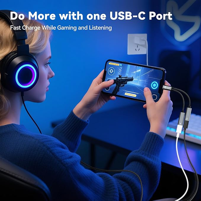 Dual USB C Audio Adapter and Charger Audio Adapter,2 in 1 Hi-Res 16bit/48kHz DAC Aux to USB C with 60W PD Fast Charging Dongle Cable for iPhone 16 Pro Max, Galaxy S25Ultra, iPad Pro(USB-USB, 3Pack)