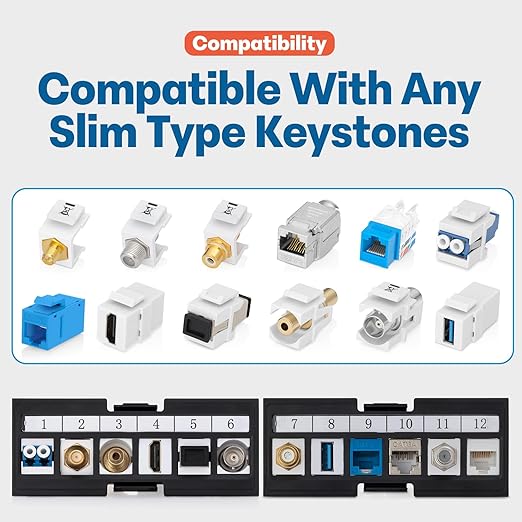 Everest 48 Port Keystone Patch Panel (2-Pack) - Removable 6-Port Panels - Use with Slim Profile Keystones ONLY (Wider Jacks May not fit Side by Side) - 16 Blank Keystone Jack Inserts Included