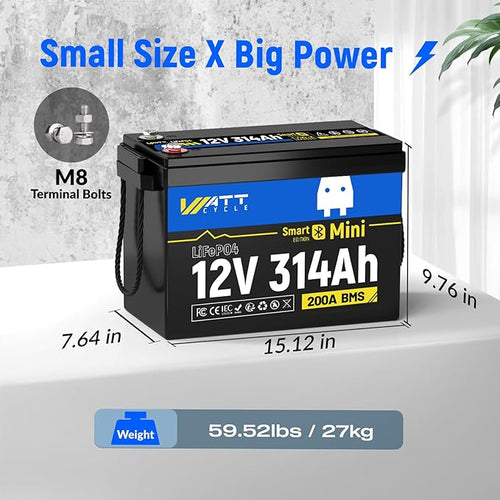12V 314Ah Lithium LiFePO4 Battery Mini with Bluetooth 5.0 BMS 200A, 4.01kWh Energy, Upgraded Aluminum Cooling Fins & Braided Copper Wires, upporting devices over 2000W (2 PACK)