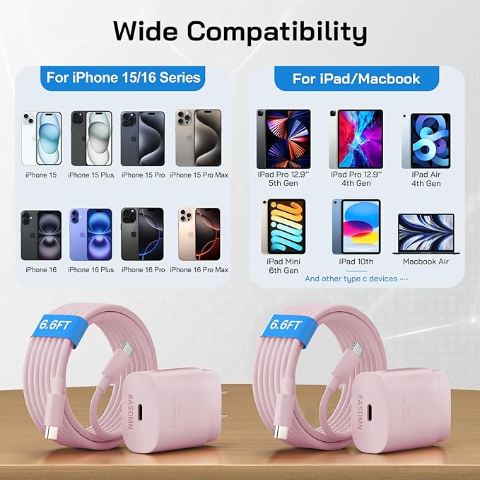30W USB C i Phone 16 15 Charger Fast Charging, 2PACK Wall Charger for iPhone 16 15 Pro Max Charger Cord 6.6FT Fast Type C Charger Block for iPhone 16/16 Pro/15 Plus/15 Pro/15 Pro Max, iPad Pro, Pink