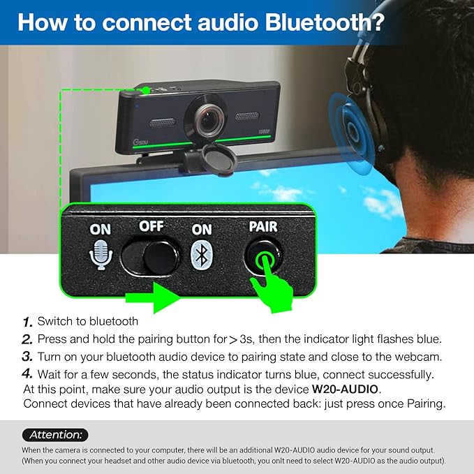 Webcam with Headset and Microphone, 1080P Webcam with Privacy Cover, Plug and Play Web Camera for Desktop Computer Zoom Meetings, Audio Bluetooth only for Headset