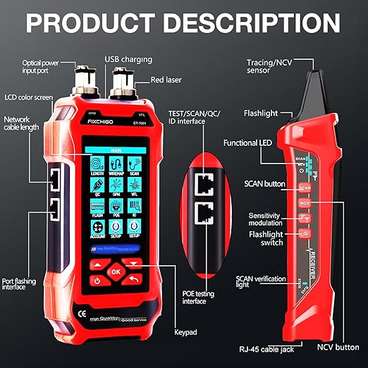 10 in 1 Network Cable Tester with 7 Wavelengths OPM 10Km/10mW VFL 600M Measurable Length 100 Records Tool Kit for CAT5 CAT6 Telephone Ethernet RJ11 RJ45 PoE Wire Tracer NCV, Red