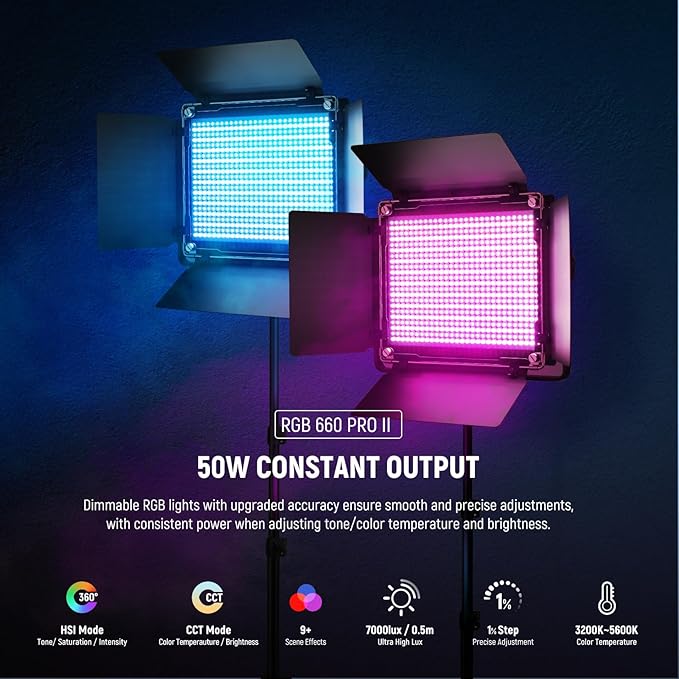 NEEWER Upgraded RGB LED Studio Video Light with Tripod Stand, App Control 50W 7000Lx CRI97+ 3200-5600K Dimmable Panel Key Lighting Kit for Game Streaming YouTube Recording Photography, RGB660 PRO II