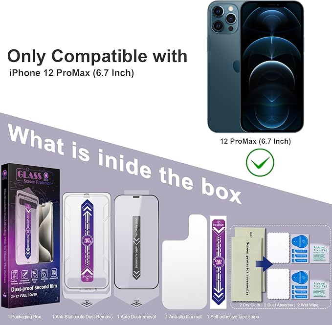 2 Pack Screen Protector for iPhone 12 Pro Max, 9H Tempered Glass, Full Coverage, Anti-Fingerprint, Auto Dust-Elimination, No Bubble, Easy Installation