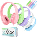 Classroom Headphones-Bulk 10-Pack, with Microphone Student On Ear Comfy Swivel Earphones for Library, School, Airplane, Kids-for Online Learning and Travel, HQ Stereo Sound 3.5mm Jack (Colored Set)