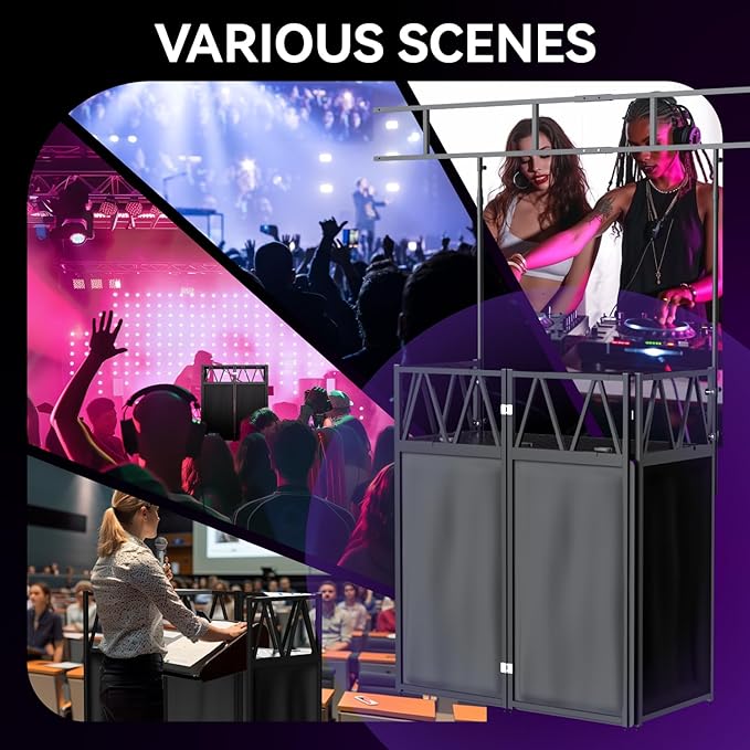 Portable DJ Booth,Foldable DJ Table Stand with Light Stand White & Black Scrim,Adjustable DJ Facade Booth Station Triangle Plate Metal Frame DJ Table with Cable Hole for Private Events, Clubs, Bars