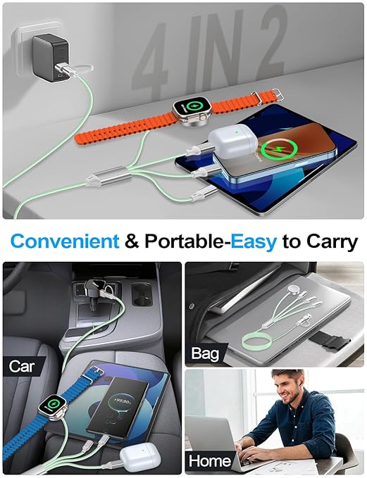 4-in-2 Charging Cable for Apple Watch Charger/Samsung/iPhone Charger,Car/Office/Camping/Travel Essentials,Type C Cable Multi Cord for iWatch Ultra/10-2/iPhone 16-11/Samsung S25-S20,iPad,airPods-Green