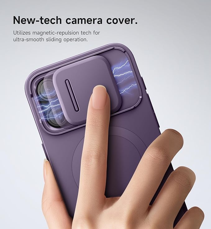 SURITCH for iPhone 15 Pro Max Case with Magnetic Camera Slide Cover and Adjustable Kickstand, Compatible with MagSafe, Shockproof Bumper Case Slim Protective Cover 6.7 Inch, Dark Purple