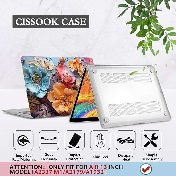 CISSOOK Compatible with MacBook Air 13 inch Case 2021 2020-2018 Release M1 A2337 A2179 A1932, Flower Hard Shell Case with Keyboard Cover for MacBook Air 13 Inch with Touch ID, Silk Flowers