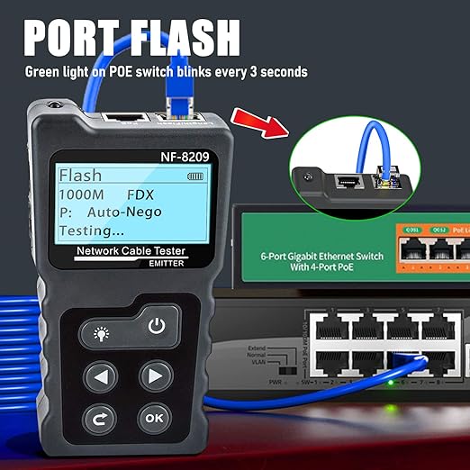 NF-8209 Network Cable Tester for POE Test/CAT5e/CAT6/CAT6a LAN Ethernet Wire Tracer,Detect Voltage Measure Fault Distance by TDR,Telephone Line Continuity Testing and Length Measurement
