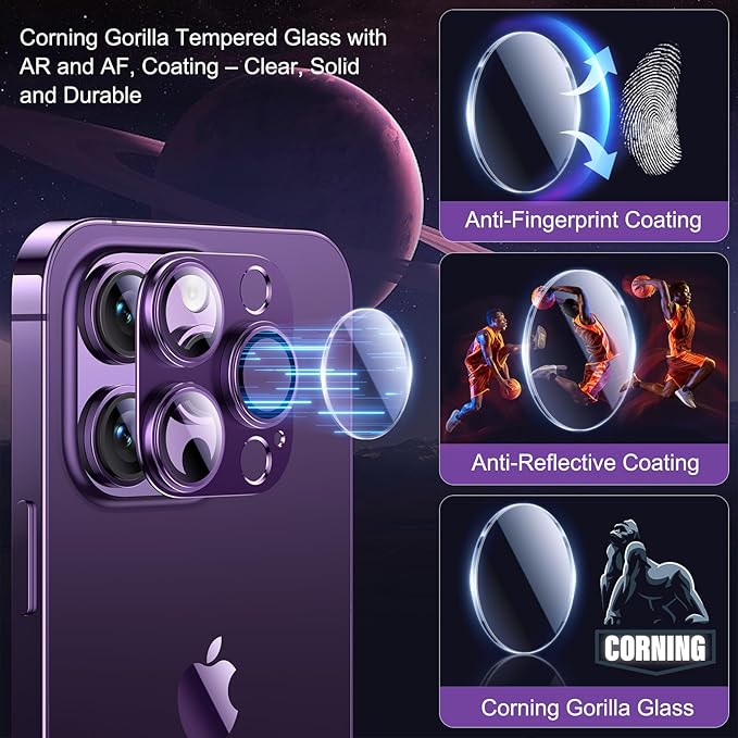 Esanik 2023 Upgrade 2 Pack for iPhone 14 Pro/iPhone 14 Pro Max Camera Lens Protector, Aluminum Alloy Metal matte Case Tempered Glass Camera Screen Cover, Scratch Resistant Case Friendly (Purple)