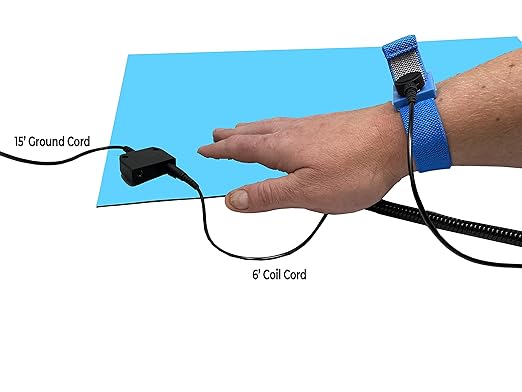 RubberStat Dual Layer ESD Compliant Workstation Rubber Table Mat Kit, Soldering, Cell Phone Repair, with Wrist Strap Set and Ground Cord - 30"x48" Blue