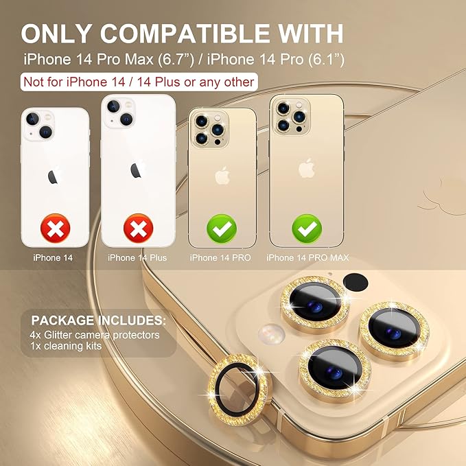 Choiche [3+1 for iPhone 14 Pro/iPhone 14 Pro Max Camera Lens Protector Bling, 9H Tempered Glass Camera Cover Screen Protector Metal Ring Decoration Accessories (Glitter-Gold)