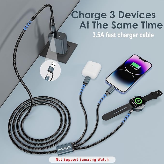 4FT Multi Fast Charging Cable for Apple Watch Charger 3 in 2 USB C Cable Travel Essentials PD20W Charger Block, Compatible with iWatch Ultra/SE/10/9/8/7/6/5/4/3/2/1,iPhone 16/15/14/13/Galaxy S23