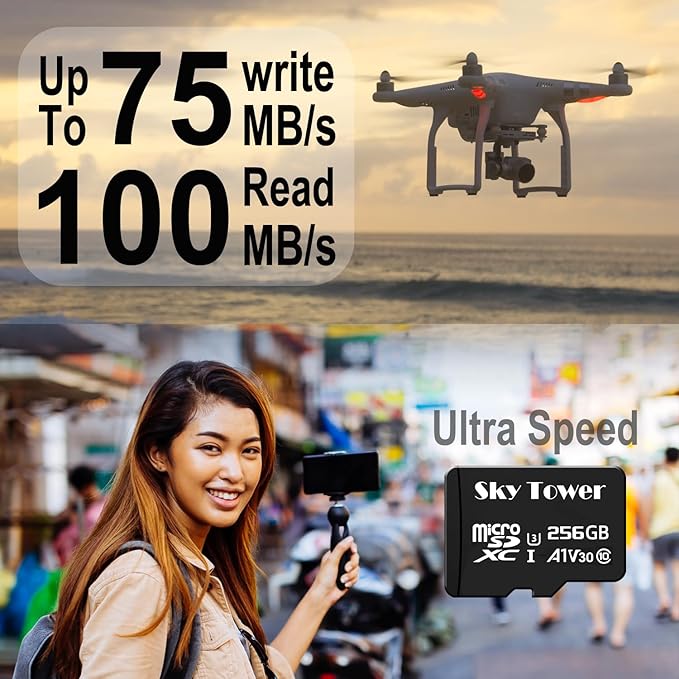 Sky Tower Ultra microSDXC microSDHC UHS-I Memory Card with Adapter [New Version] Flash Memory Card - Up to 100MB/s, U1, Class10, V10, A1, High Speed TF Card (256GB Micro SD Card 1 Pack)