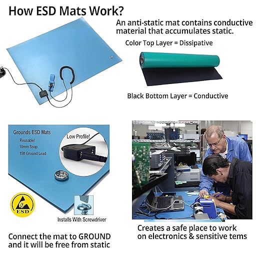RubberStat Dual Layer ESD Compliant Workstation Rubber Table Mat Kit, Soldering, Cell Phone Repair, with Wrist Strap Set and Ground Cord - 48"x48" Blue