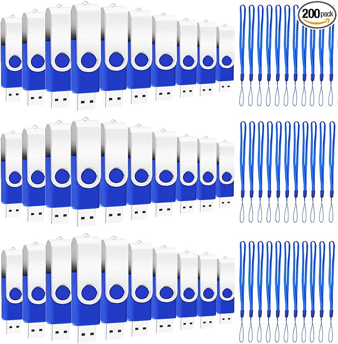 EASTBULL 200 Packs of 4GB Bulk Flash Drives, Flash Drives Pack 4GB USB Drives Bulk Swivel USB2.0 Thumb Drives Bulk with Strings (200Packs, Blue)