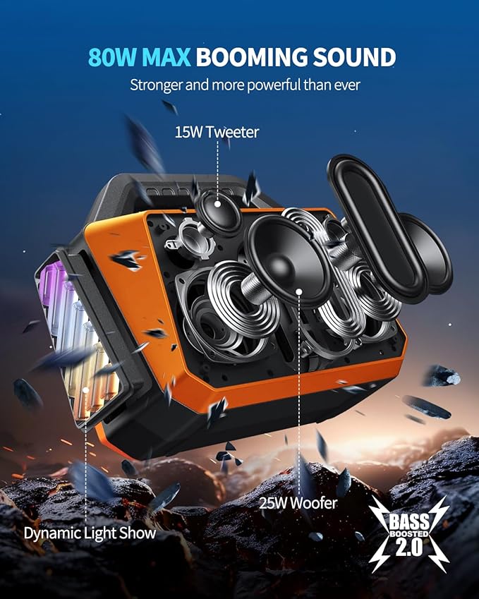 Portable Bluetooth Speaker Wireless - Loud Speakers 80W Peak, 20H Playtime, Light Show, TWS, Deep Bass, BT 5.3, IPX6 Waterproof for Outdoor Travel Camping Beach Pool - Orange