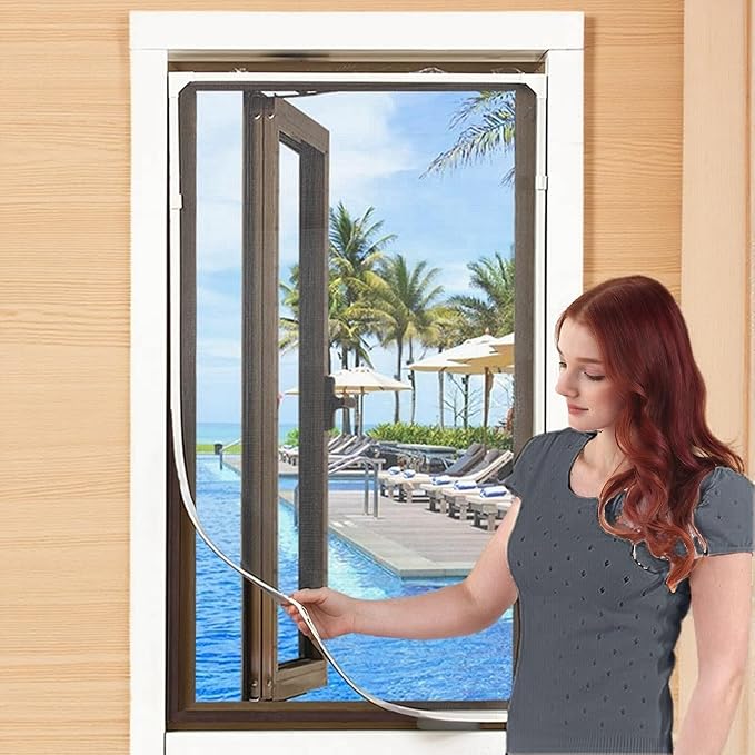 VKX Adjustable DIY Magnetic Window Screen, Fiberglass Mesh, Strong(720GS) Magnetic Strips, White Frames Grey Mesh, Suitable for Various Types of Screen Windows (59"x39")