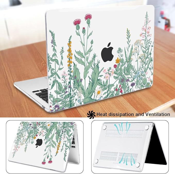 Compatible for MacBook Air 13.6 inch Case M4 M3 M2 2025 2024-2022 Release Model A3240 A3113 A2681, Printed Plastic Protective Hard Shell Cover for MacBook Air M4 13", Green Plants Flowers