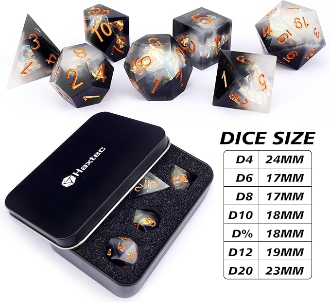 Haxtec Sharp Edge Dice Set DND Dice Black and White Resin Dice Iridecent Mylar Galaxy D&D Dice for RPG Role Playing Compatible with Dungeons and Dragons Gift