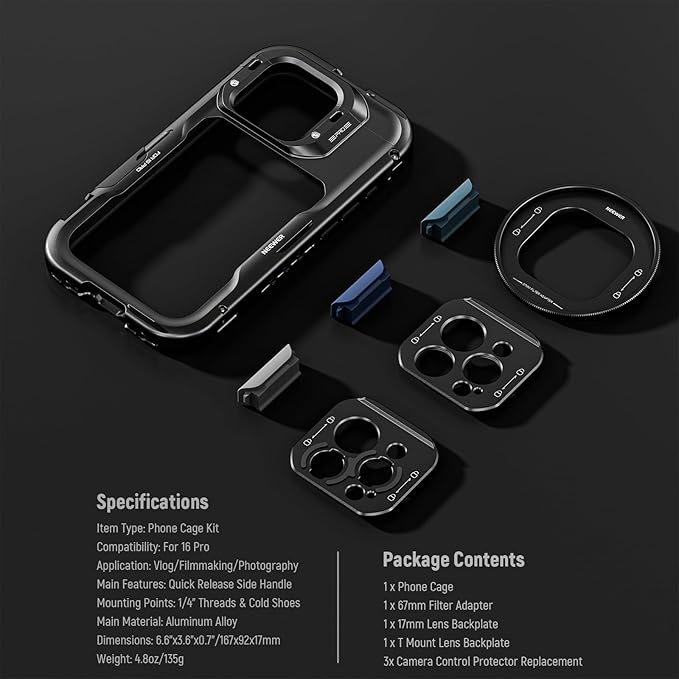 NEEWER 16 Pro Cage, Quick Release Video Rig Phone Stabilizer Compatible with iPhone 16 Pro with Adapters of 67mm Filter, 17mm Lens & T Mount Lens, Full Camera Control Access, PA073