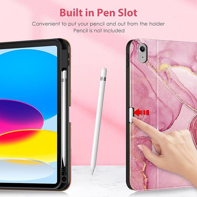 DTTO for iPad 11th (A16)/ 10th Generation Case with Keyboard (2025/2022), 7 Colors Backlit Wireless Detachable Keyboard Leather Folio Cover with Pencil Holder & Pocket, Red Marble